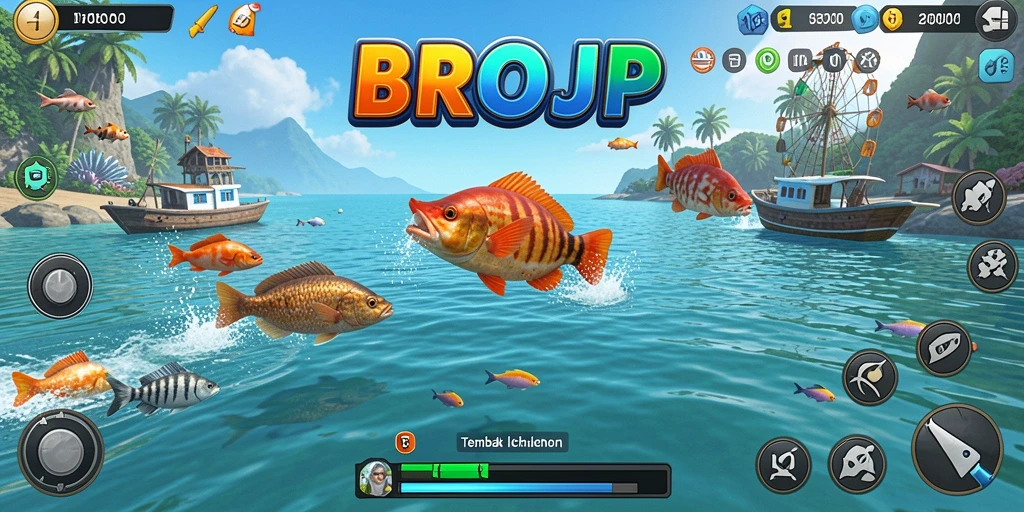 Screenshot gameplay BROJP yang menunjukkan aksi menembak ikan.