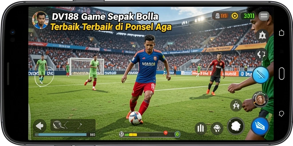 Screenshot gameplay DV188 menunjukkan aksi seru di lapangan sepak bola.
