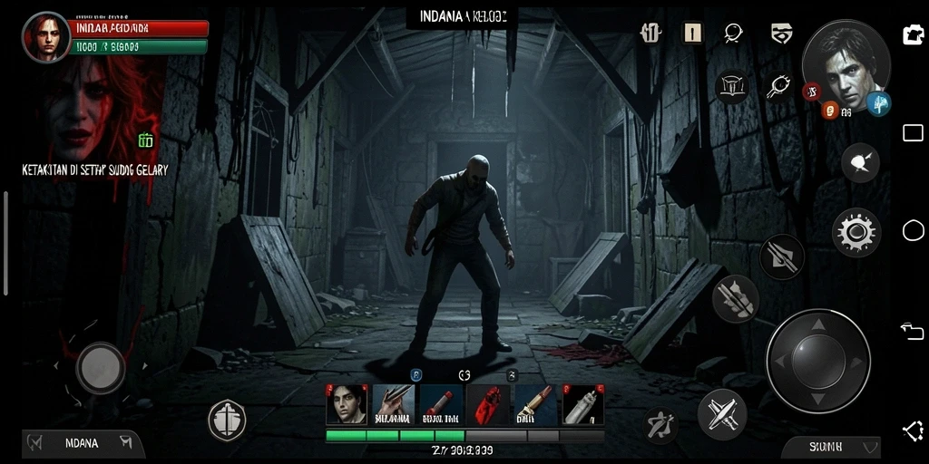 Screenshot menampilkan gameplay menyeramkan dari INDAAA dengan suasana gelap.