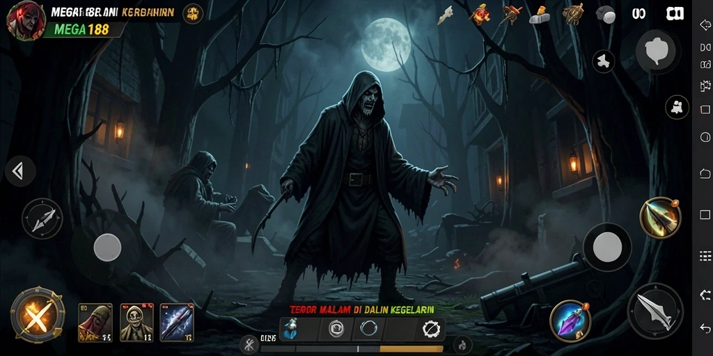 Screenshot gameplay menyeramkan di MEGA188 yang menunjukkan suasana horor.