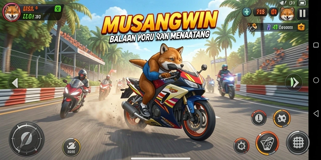 Screenshot gameplay <strong>MUSANGWIN</strong> menampilkan aksi balapan motor yang mendebarkan.