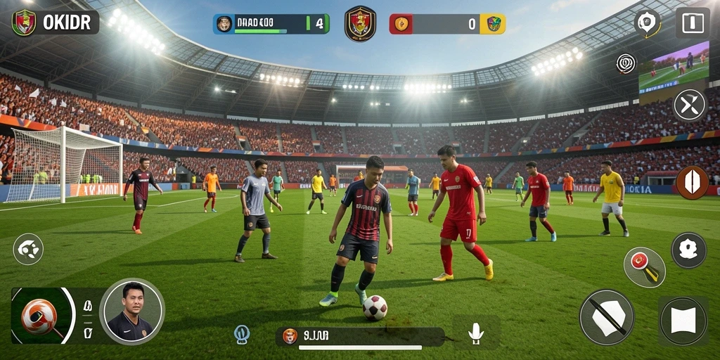 Tangkapan layar gameplay OKIDR yang menampilkan aksi sepak bola yang mendebarkan.