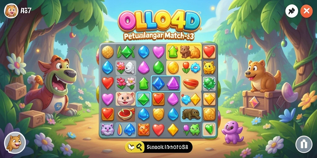 Screenshot gameplay OLLO4D menunjukkan momen mencocokkan objek Match-3.