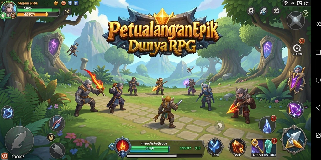 Screenshot gameplay PRG007 menampilkan pertempuran epik dan eksplorasi dunia fantasi.
