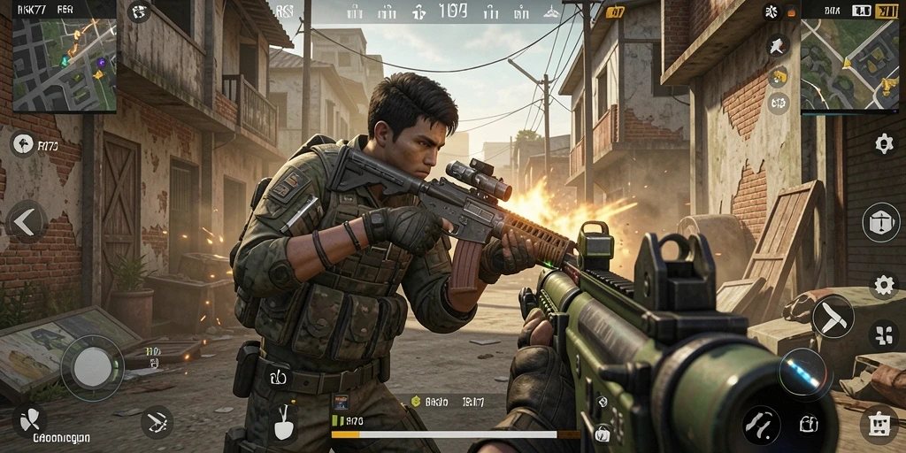 Tampilan utama gameplay RK77 dengan aksi FPS yang intens.