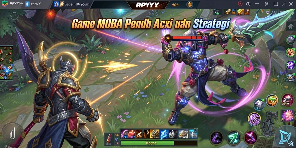 Tangkapan layar utama gameplay RPYYY yang menunjukkan pertempuran epik antar tim.