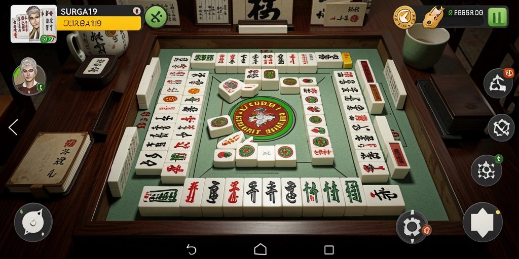 Screenshot gameplay SURGA19 menampilkan keindahan papan Mahjong.